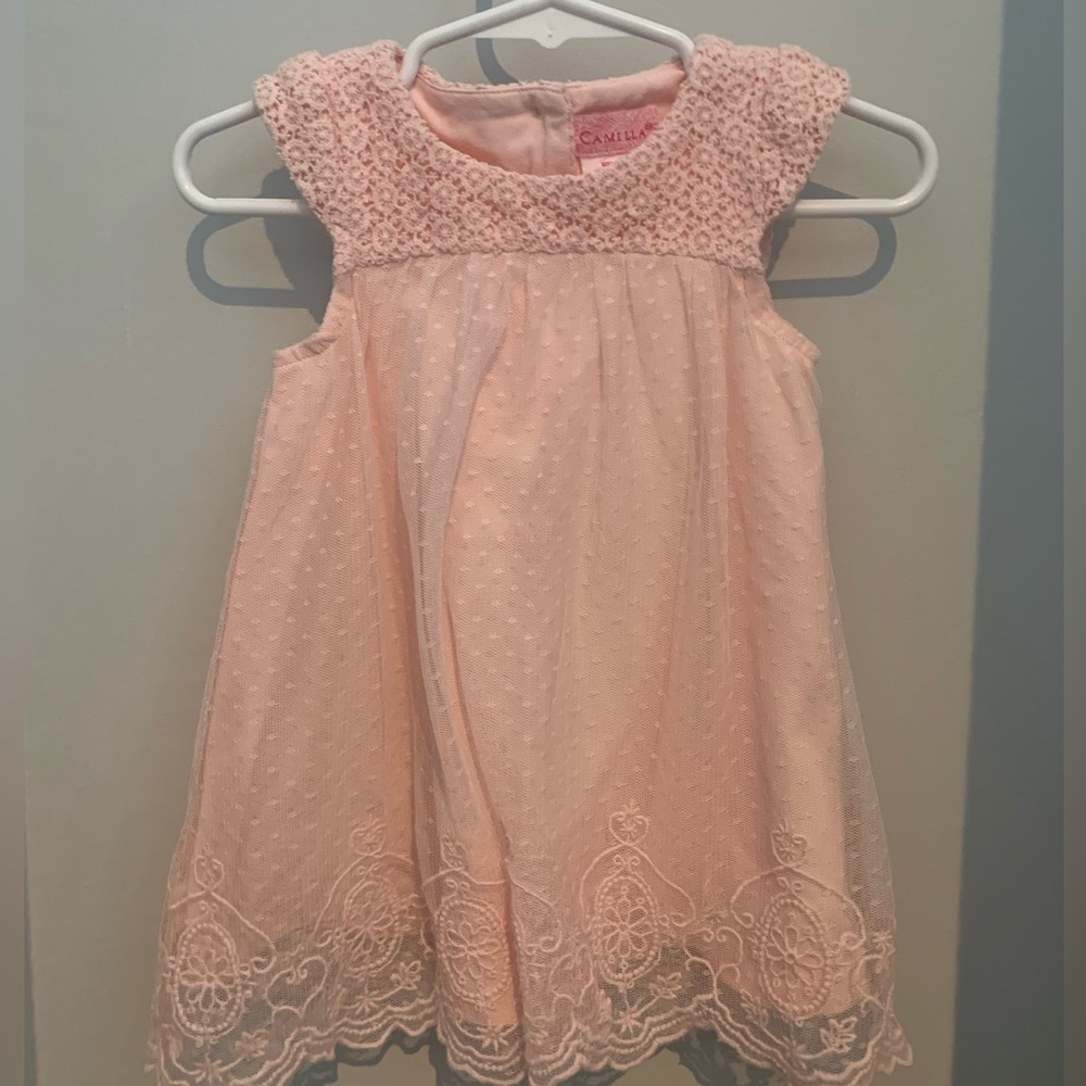 EUC soft pink dress with lace overlay and crochet detail